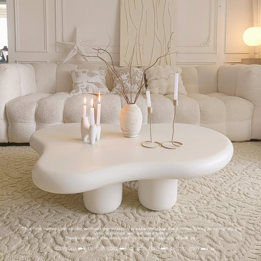 JOY HOME Coffee Table: Cream-style Coffee Table, Cute White Modern Tea Table, Irregular Indoor
