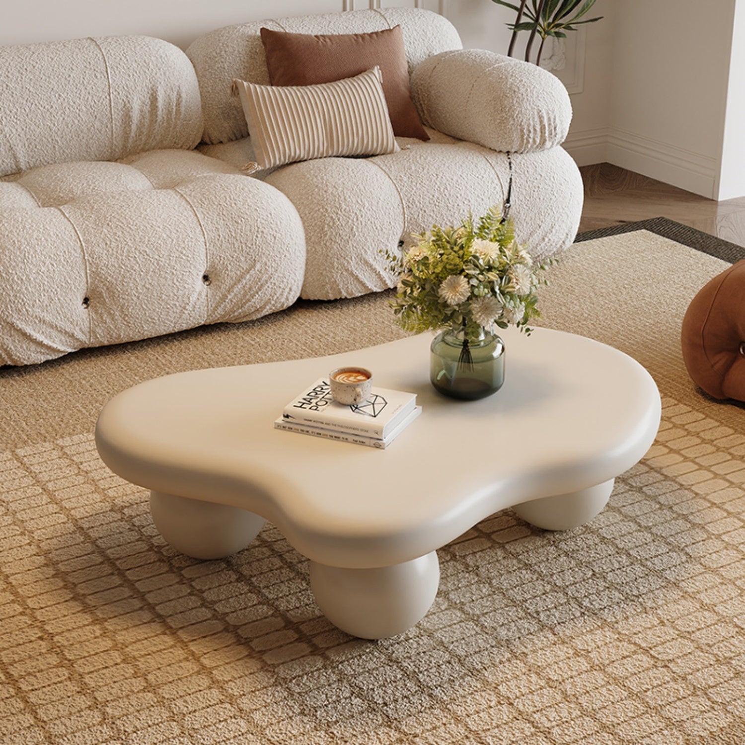 JOY HOME Coffee Table: Cream-style Coffee Table, Cute White Modern Tea Table, Irregular Indoor