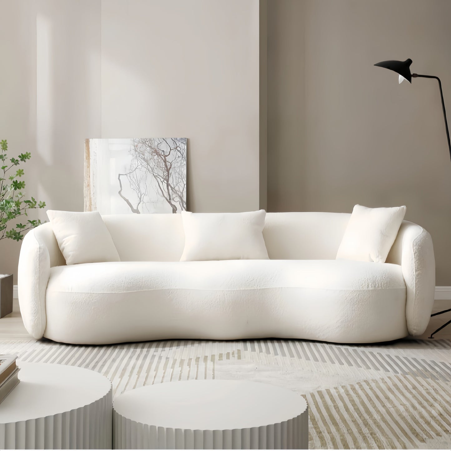 Beige fleece 3-seater sofa - front view showing overstuffed cushioning 240cm width