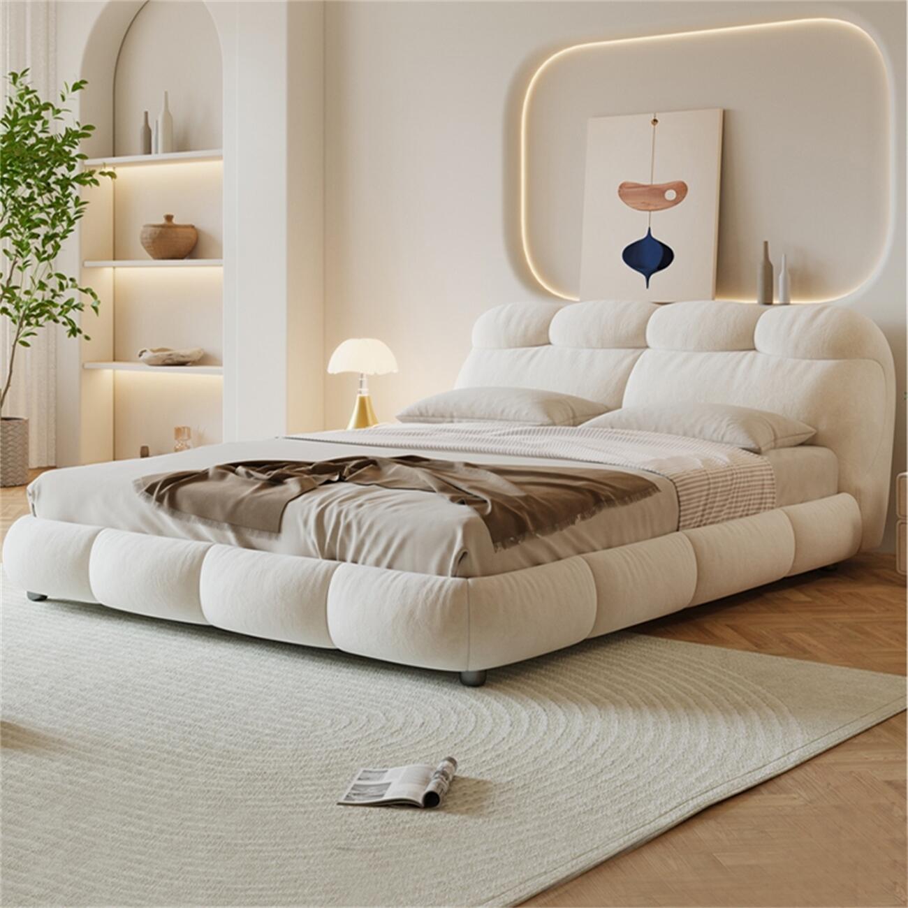 Velvet Platform Bed Frame | Plush Beige with Solid Wood Base