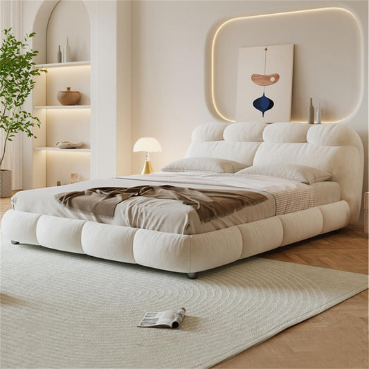 Velvet Platform Bed Frame | Plush Beige with Solid Wood Base