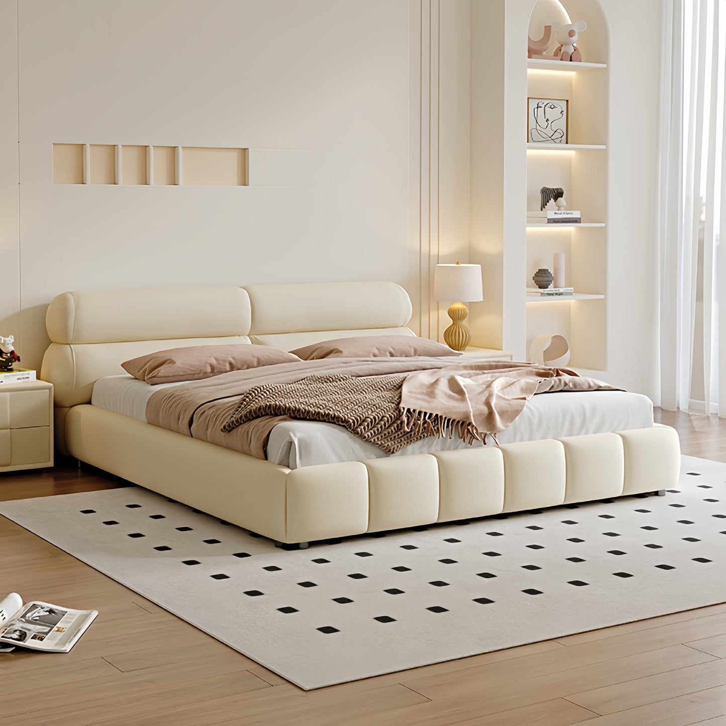 Modern Soft-Padded Bed Frame | Beige Velvet King & Queen