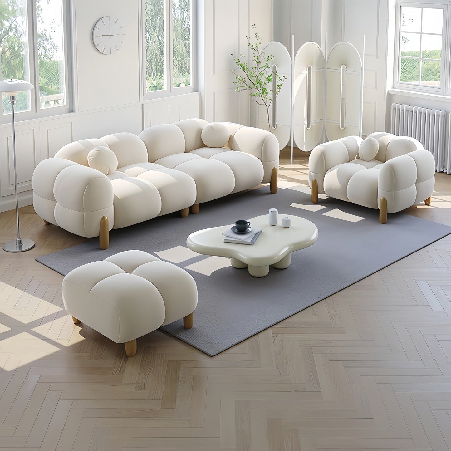 JOY HOME Sofa: Light Luxury Fabric Cloud Shaped Sofa set for Livingroom in Dubai showroom