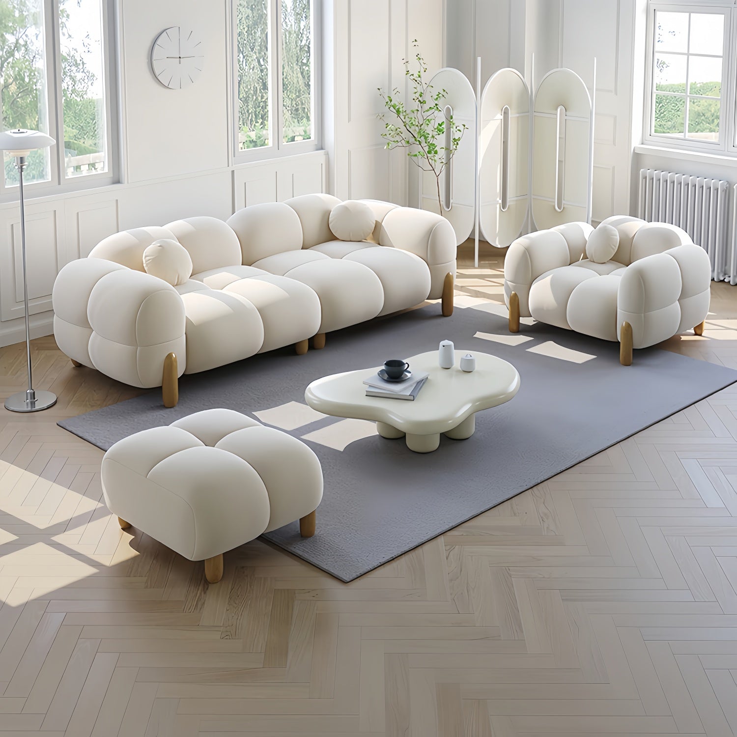 JOY HOME Sofa: Light Luxury Fabric Cloud Shaped Sofa set for Livingroom in Dubai showroom