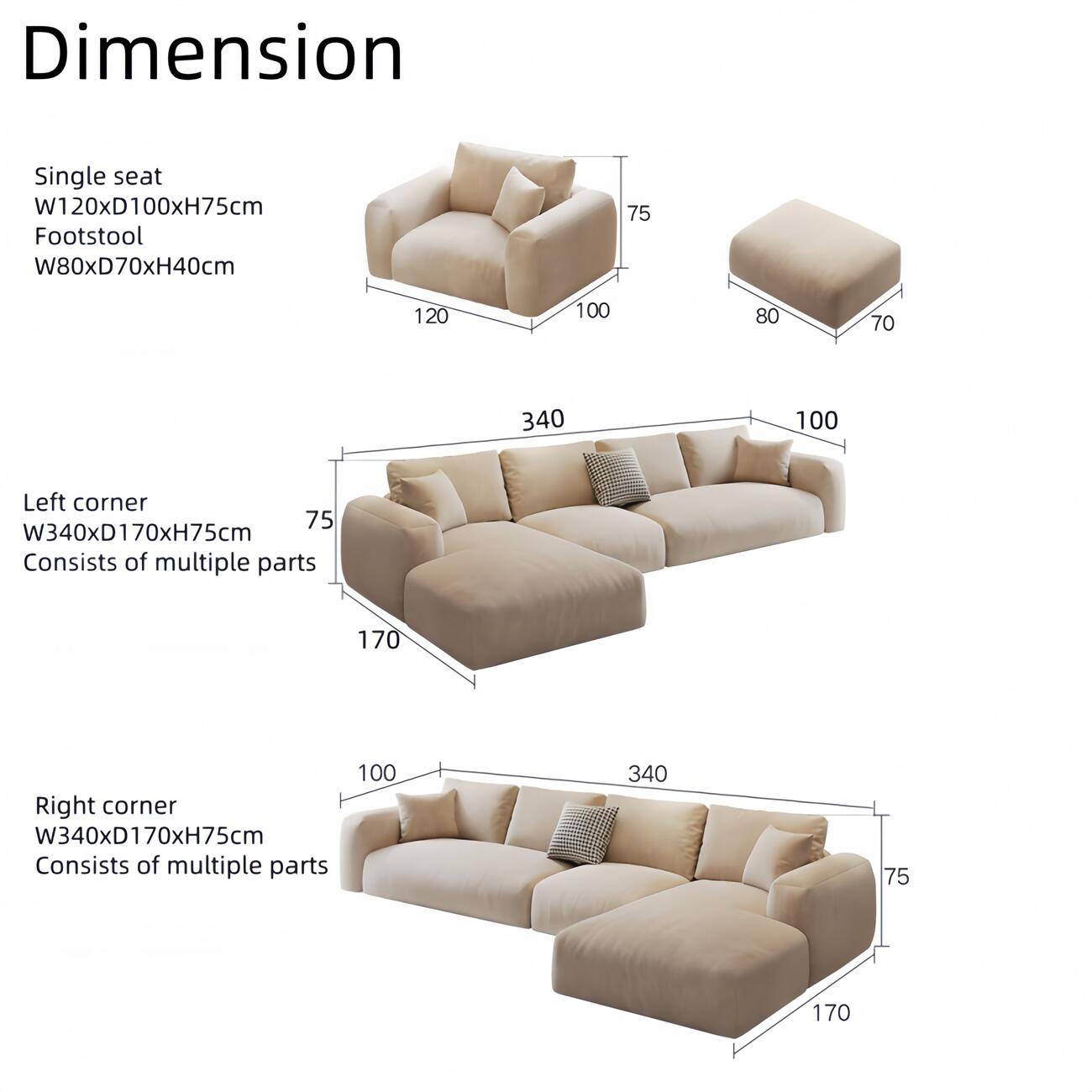 JOY Home Fleece Fabric Overstuffed Multifunction Sofa set for Livingroom Office