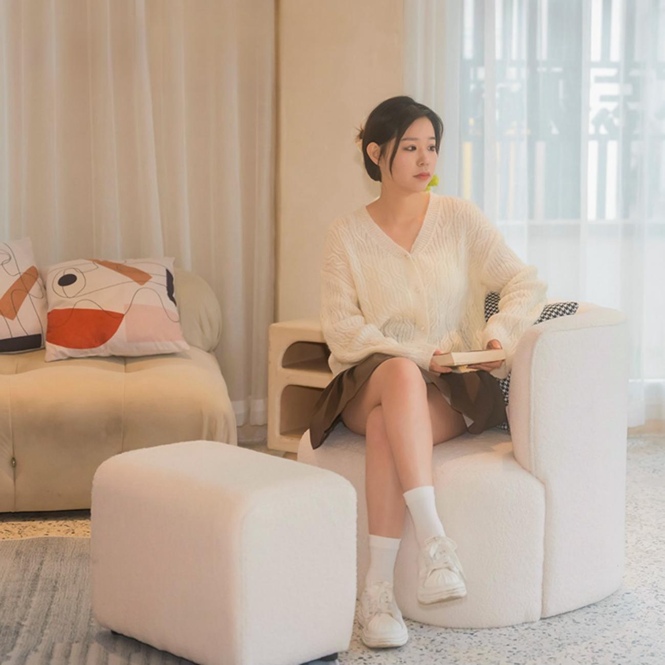 Beige fleece footstool ottoman - compact design perfect for UAE apartments