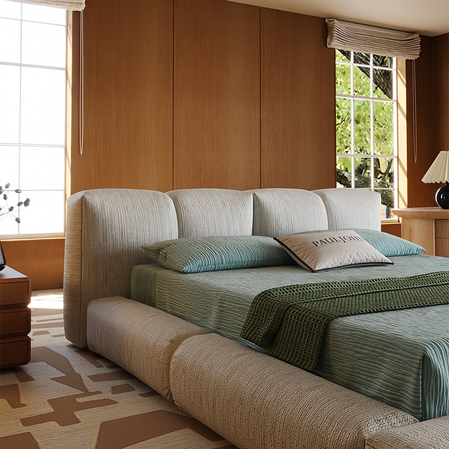 JOY HOME Linen Wood Beige Bed for Modern Homes
